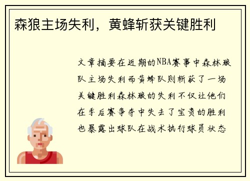 森狼主场失利，黄蜂斩获关键胜利