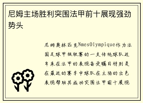 尼姆主场胜利突围法甲前十展现强劲势头