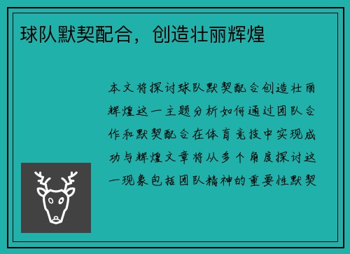 球队默契配合,创造壮丽辉煌
